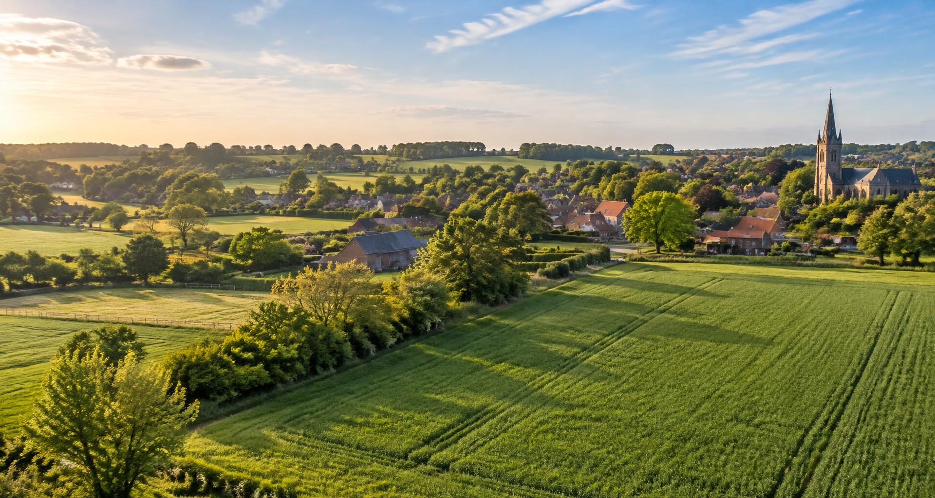 Groene velden en een Vlaams dorp met kerktoren